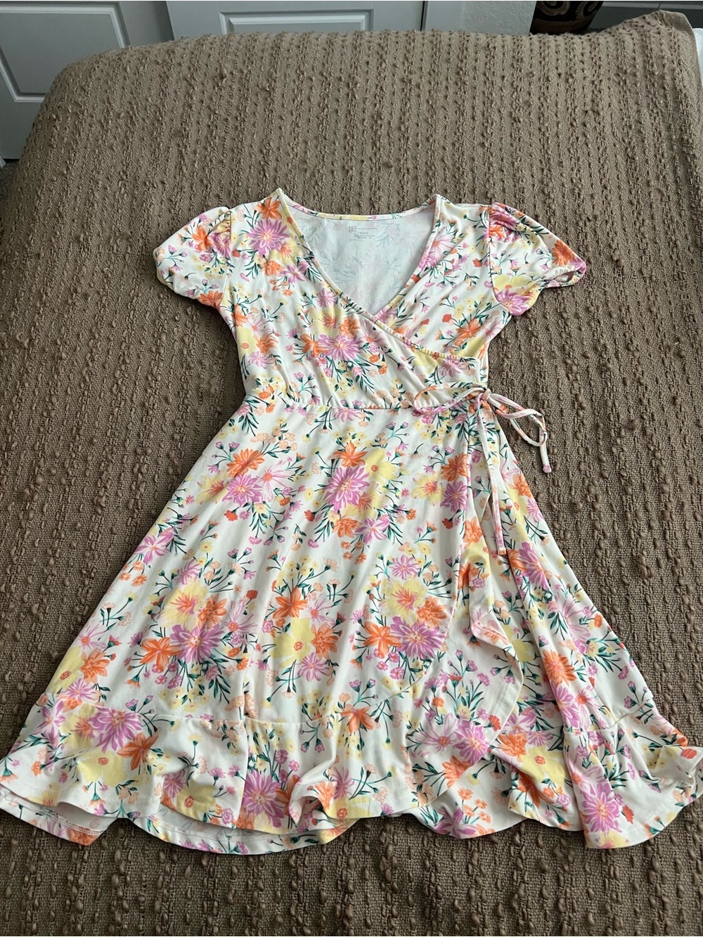 Floral Wrap women’s Dress - Cream with Pink & Orange Flowers